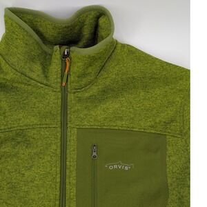 Orvis Mens Full Zip Sweater Fleece Jacket Green Heathered Mock Neck Large